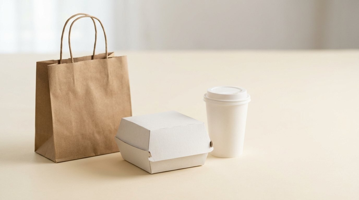 Packaging sin marca: bolsa kraft, estuche y vaso lisos