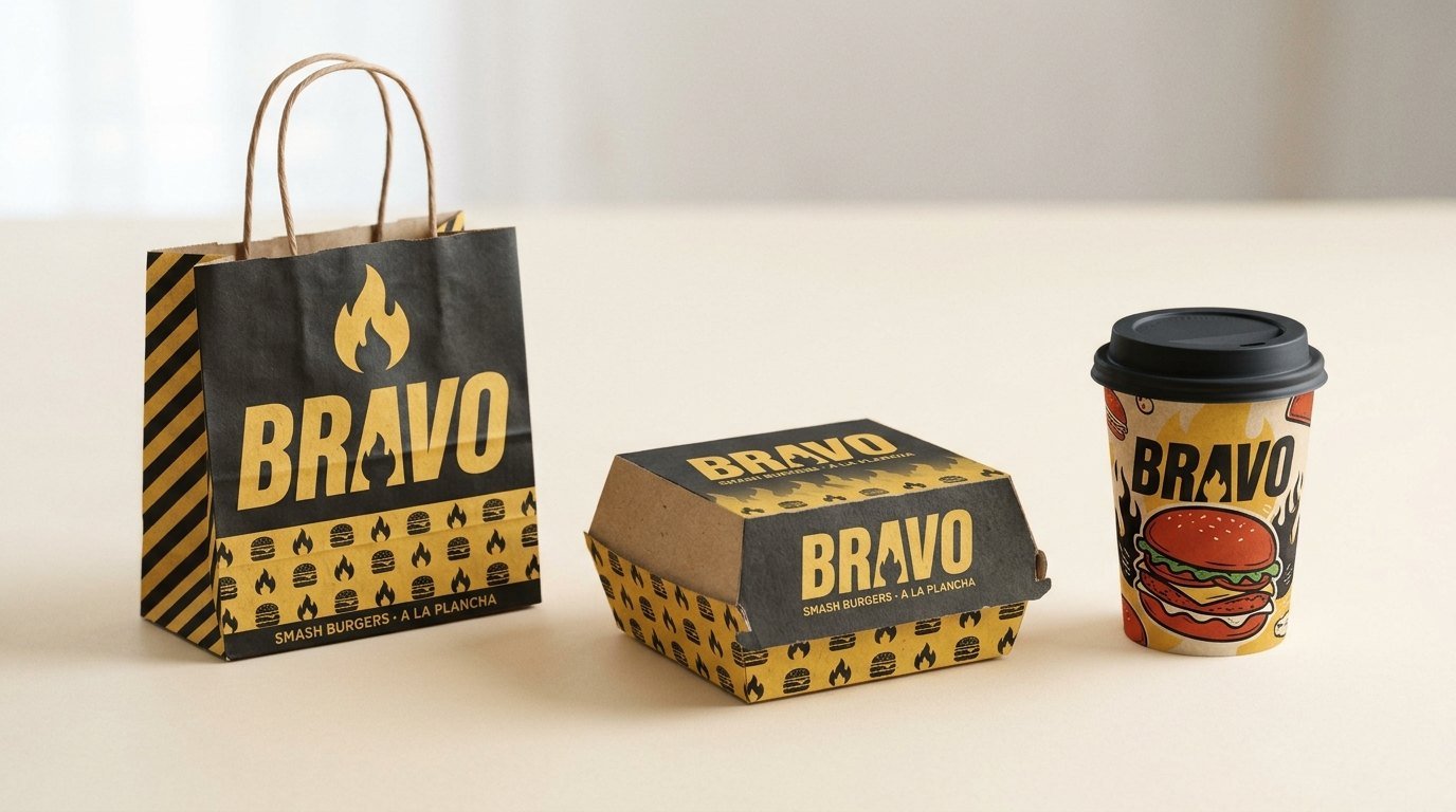 El mismo packaging con el sistema de marca Bravo aplicado a dos tintas